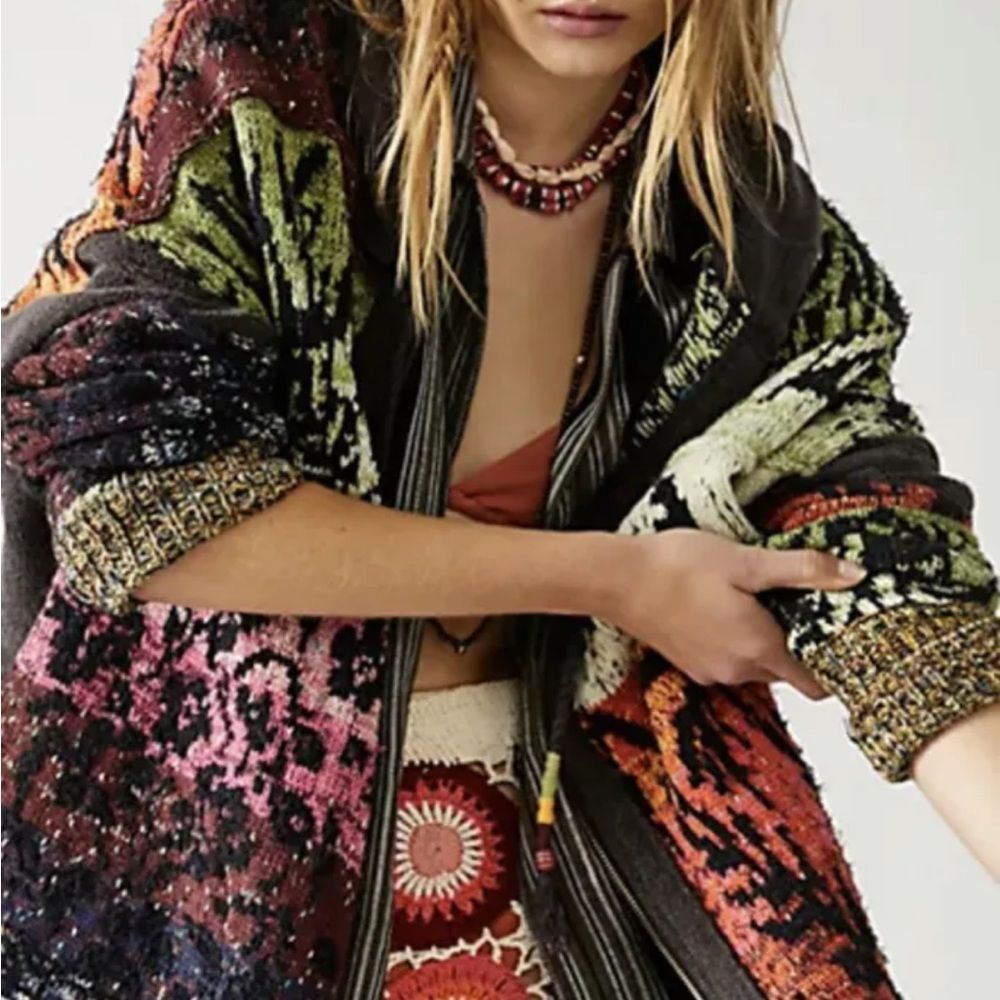 Free People Golden Hour Cardi Jacket Hooded Mixed Knit Piecing Black OrangeGreen - Picture 2 of 7